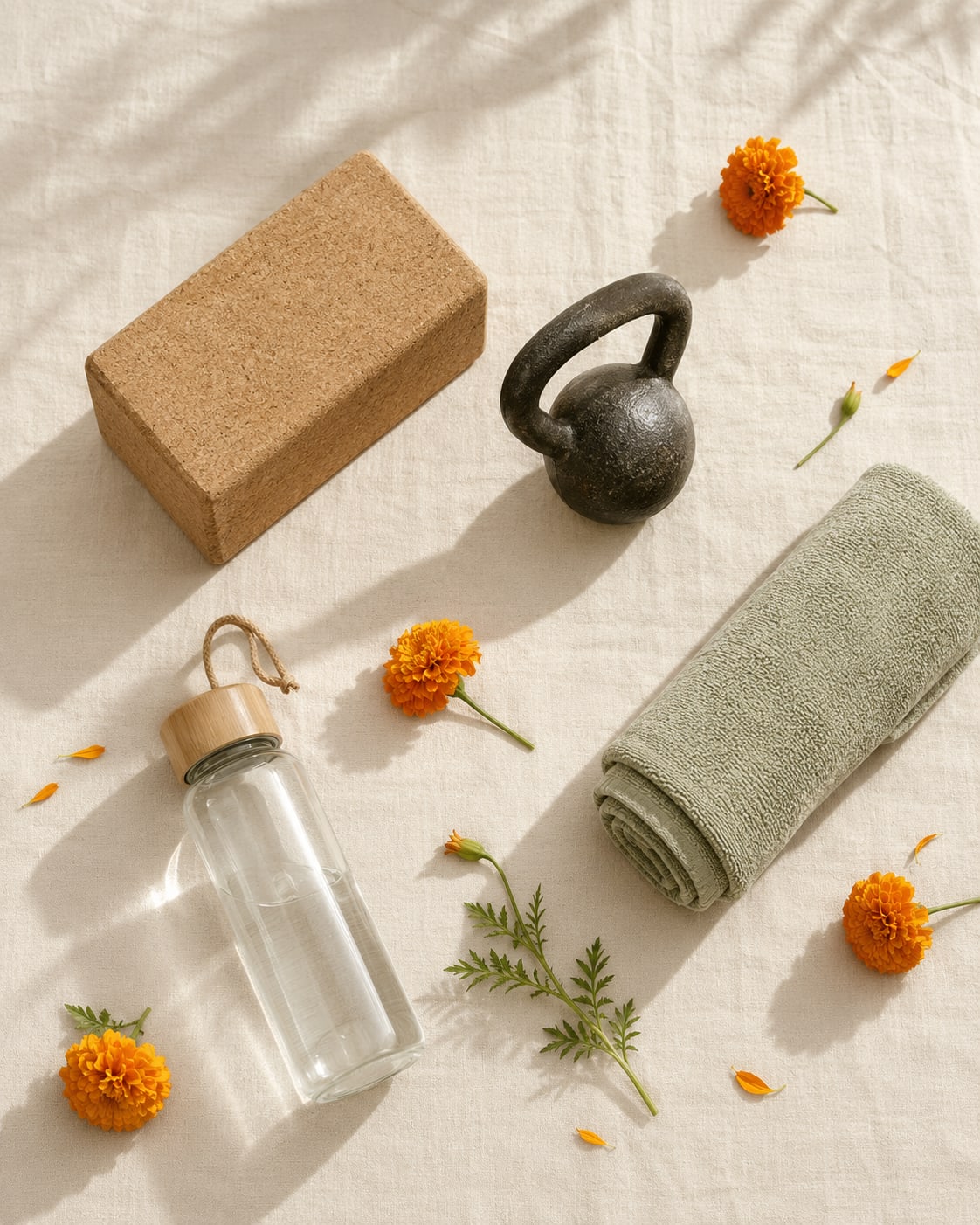 A flat-lay on cream linen: a cork yoga block, a small kettlebell, a rolled sage towel, and fresh marigold flowers.