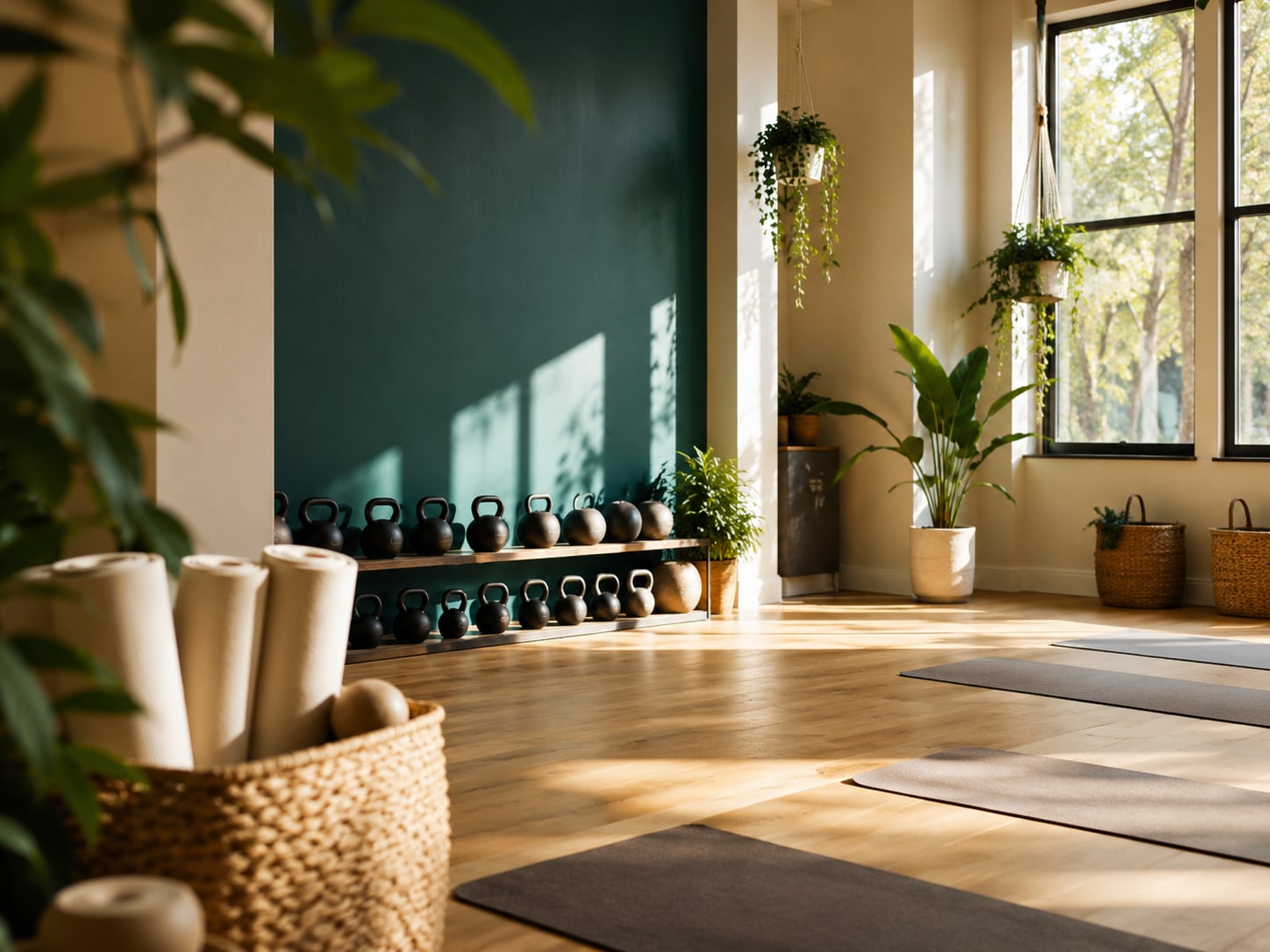 The Marigold Movement studio: light wood floors, a deep teal accent wall, kettlebells on a low rack, and morning light through big windows.